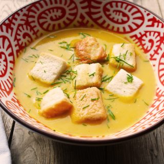 Curried Parsnip and Sweet Potato Soup with Croutons