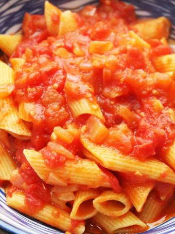 Close up of arrabbiata in a blue and white bowl with fork