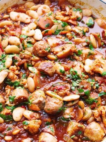 Overhead photo of spiced bean stew in a large casserole