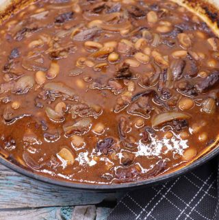 Beef and boston baked beans in large casserole
