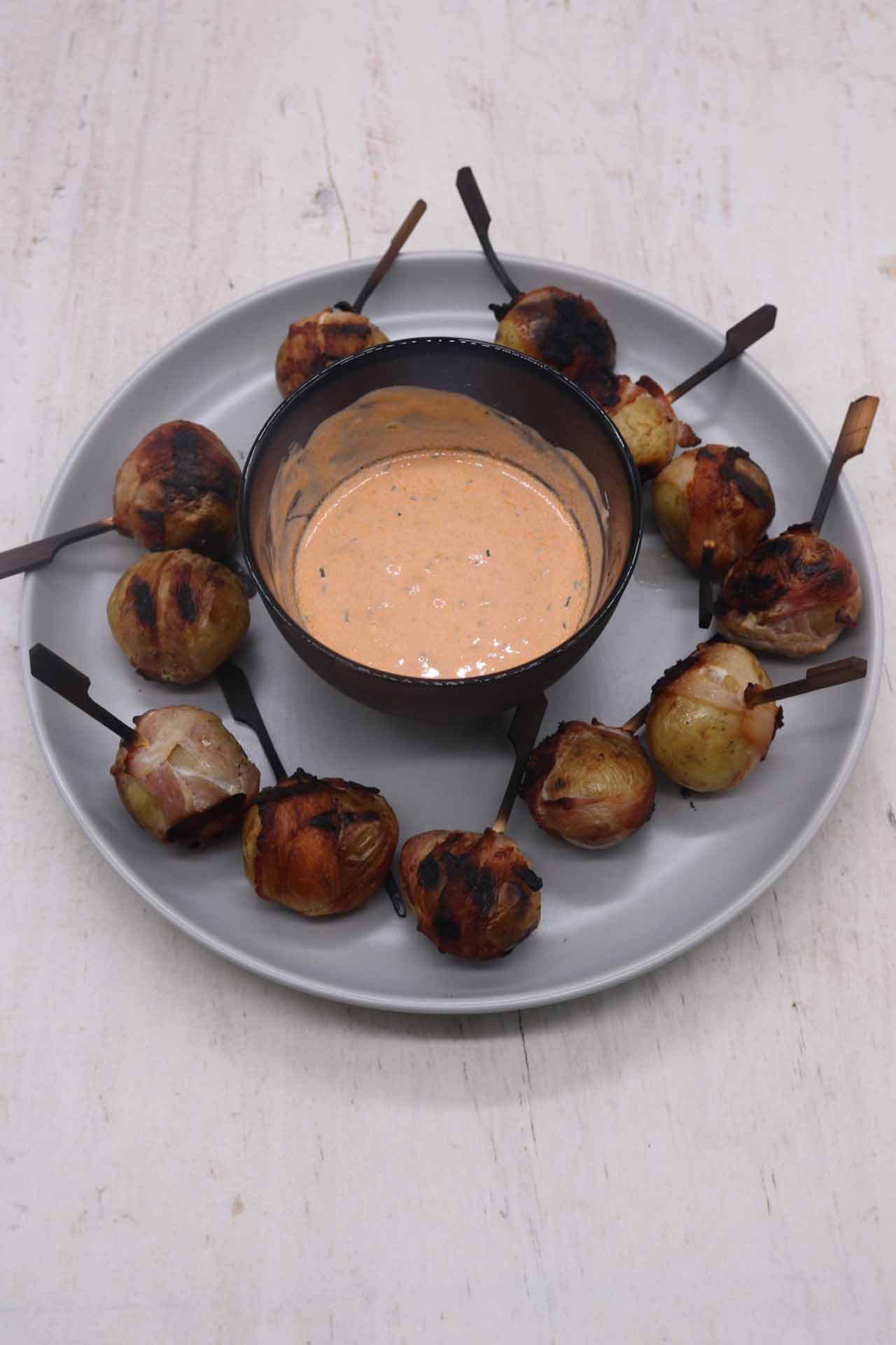 Baby New Potatoes Wrapped in Bacon with Harissa Cheese Dip, Baby New Potatoes Wrapped in Bacon with Harissa Cheese Dip