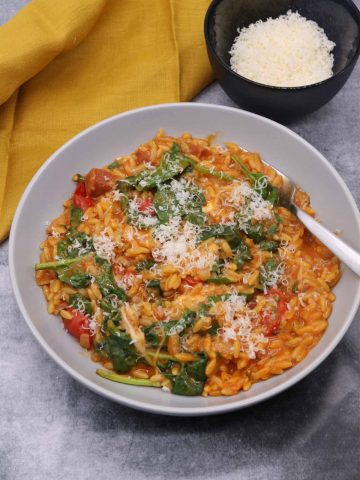 Orzo Risotto with Chorizo and Baby Spinach, Orzo Risotto with Chorizo and Baby Spinach