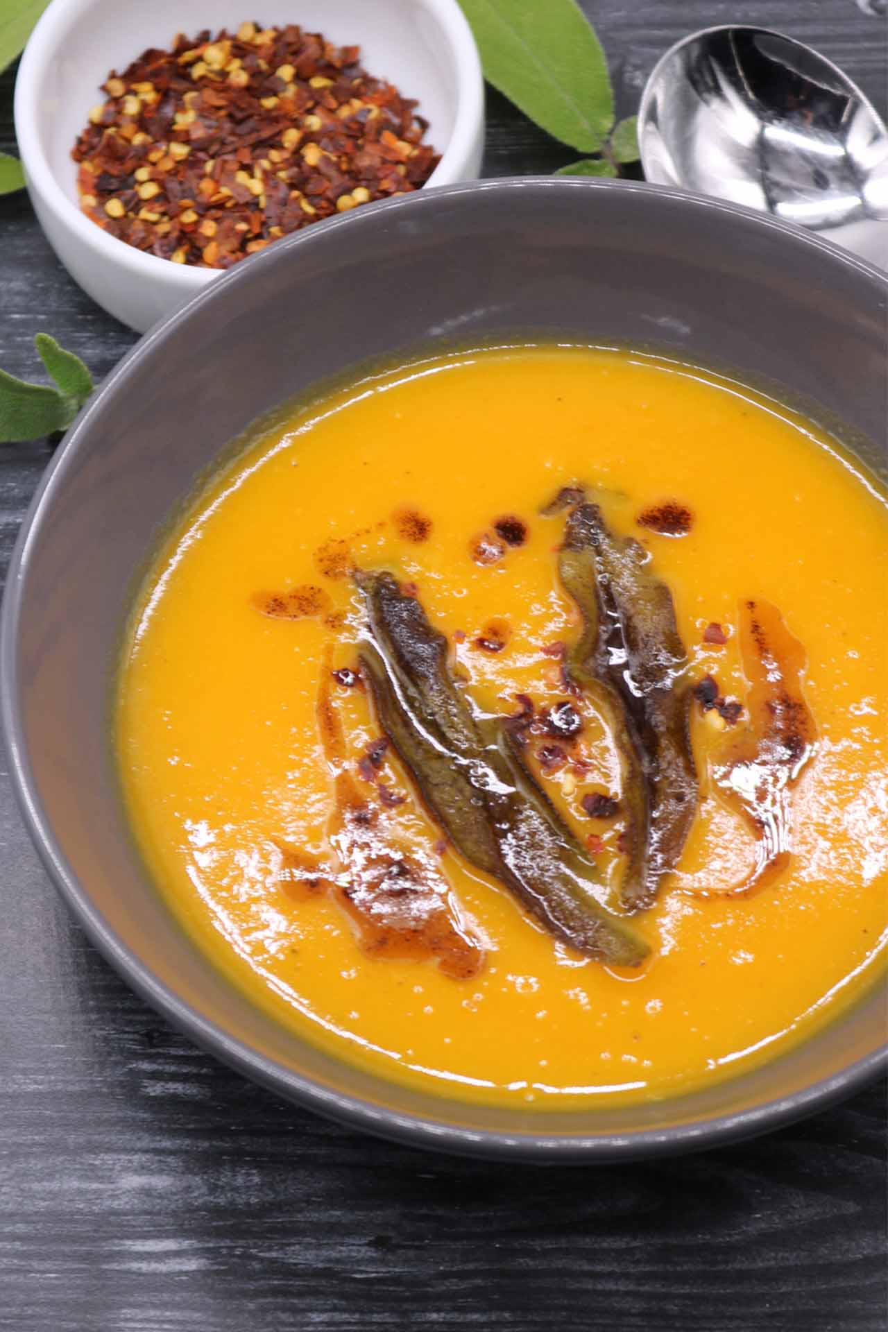 Squash and Carrot Soup with Crispy Sage Leaves