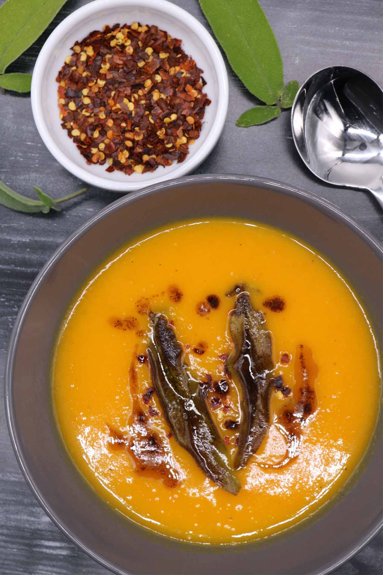 Squash and Carrot Soup with Crispy Sage Leaves