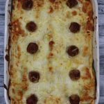 Overhead of three cheese meatball lasagne in large Staub dish
