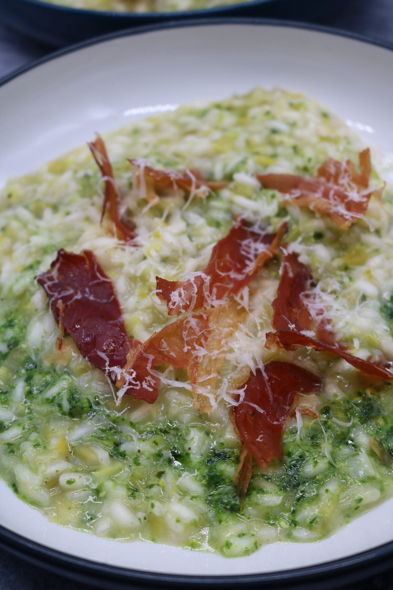 Leek Risotto with Kale Pesto and Crispy Prosciutto, Leek Risotto with Kale Pesto and Crispy Prosciutto