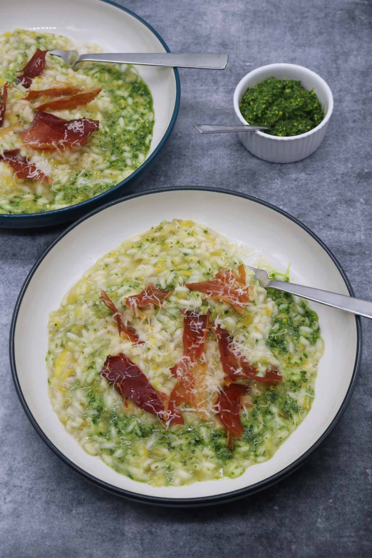 Leek Risotto with Kale Pesto and Crispy Prosciutto, Leek Risotto with Kale Pesto and Crispy Prosciutto
