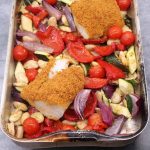 Fish and chorizo tray bake in rectangle roasting tin