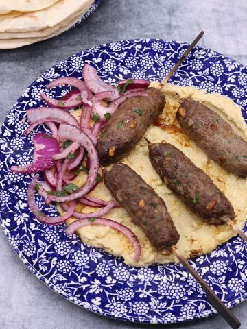 Hole in wall beef skewers on humous with red onions on a blue and white plate