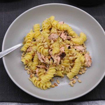Hot Smoked Salmon with Creamy Pasta and Pine Nuts