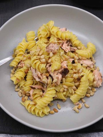 Hot smoked salmon with pine nuts and pasta in grey bowls with fork
