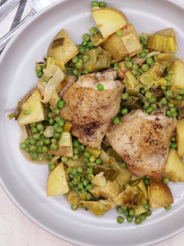 Mustard chicken and leek one pot on grey plate