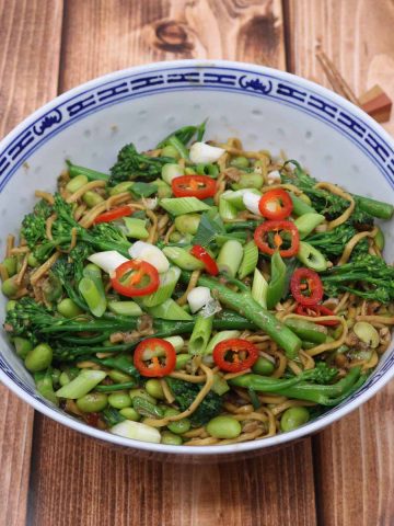 Spicy peanut szechuan noodles in blue and white bowl
