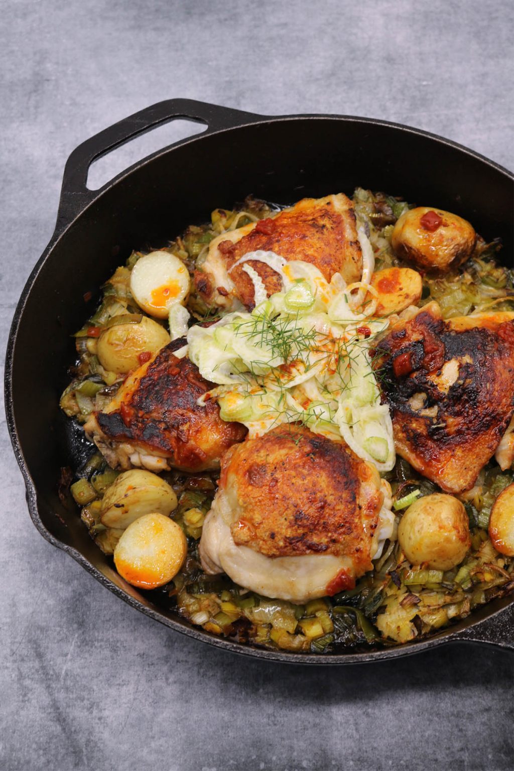 OneSkillet Crispy Chicken Thighs with Harissa Felly Bull