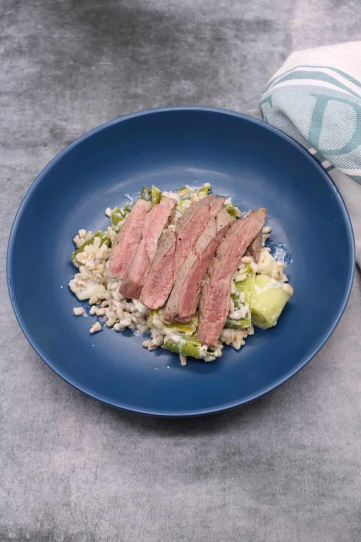 Lamb Backstrap Risotto Lamb Steaks with Leek and Barley Risotto - Felly Bull