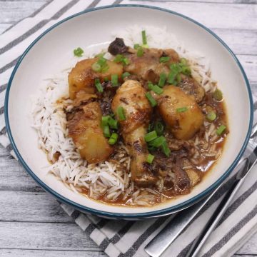 Chinese chicken and potato stew in bowl with rice and sliced spring onions