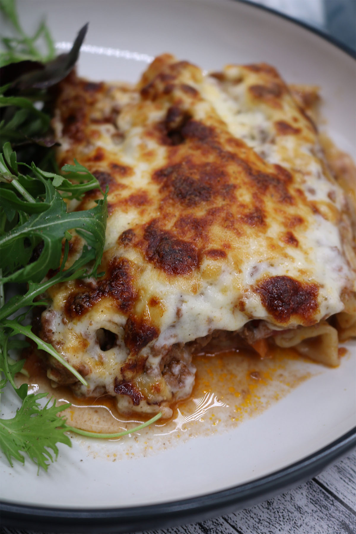 Beef cannelloni in bowl with salad leaves