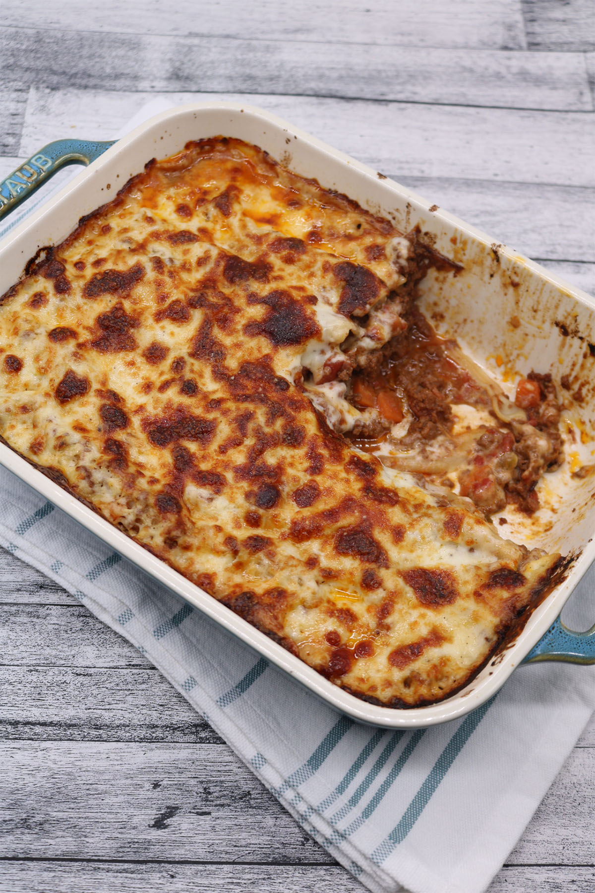 Beef cannelloni large rectangle oven dish with portion removed