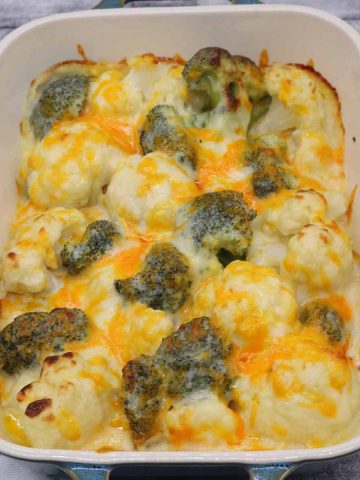 Cauliflower broccoli cheese in large rectangle oven dish