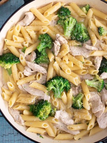 Chicken and broccoli pasta in large round casserole