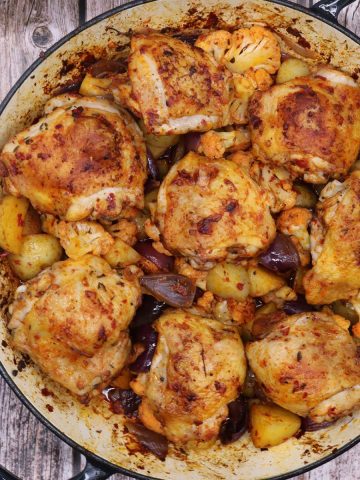Chicken, cauliflower and 'nduja in large round casserole