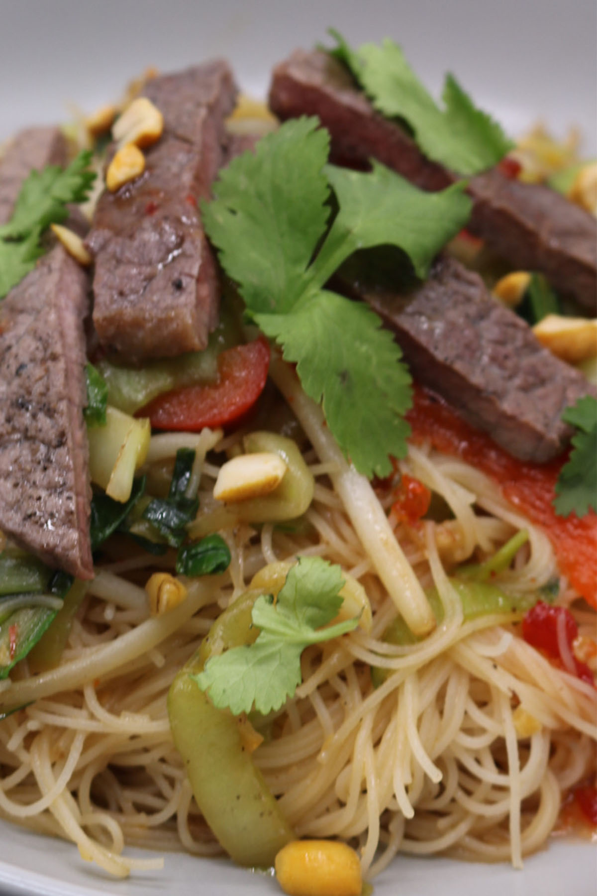Close up of Chilli beef and veg rice noodles