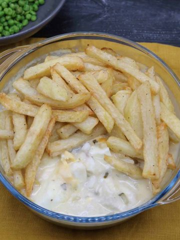 Fish and Chip pie in clear round serving bowl
