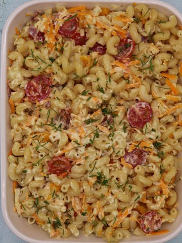 Mac and Cheese salad in large rectangle serving dish
