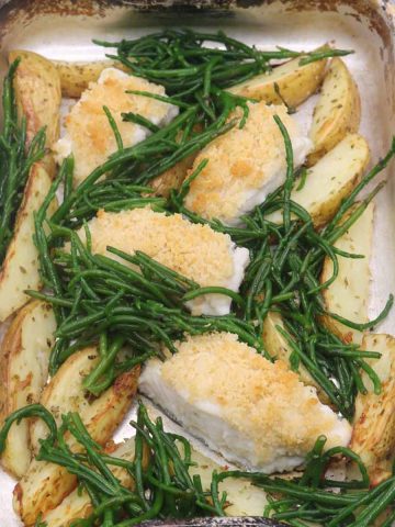 Posh fish and chips in roasting tin with samphire