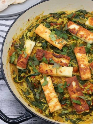 Spinach paneer piulaf in large round casserole