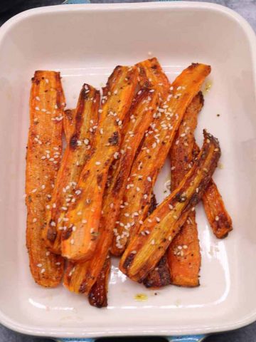 Zaatar roasted carrots in rectangle serving dish