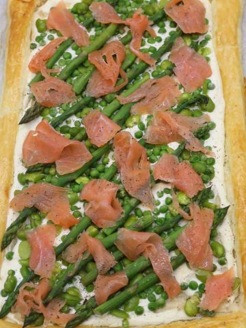 Smoked salmon with spring vegetable on square filo tart