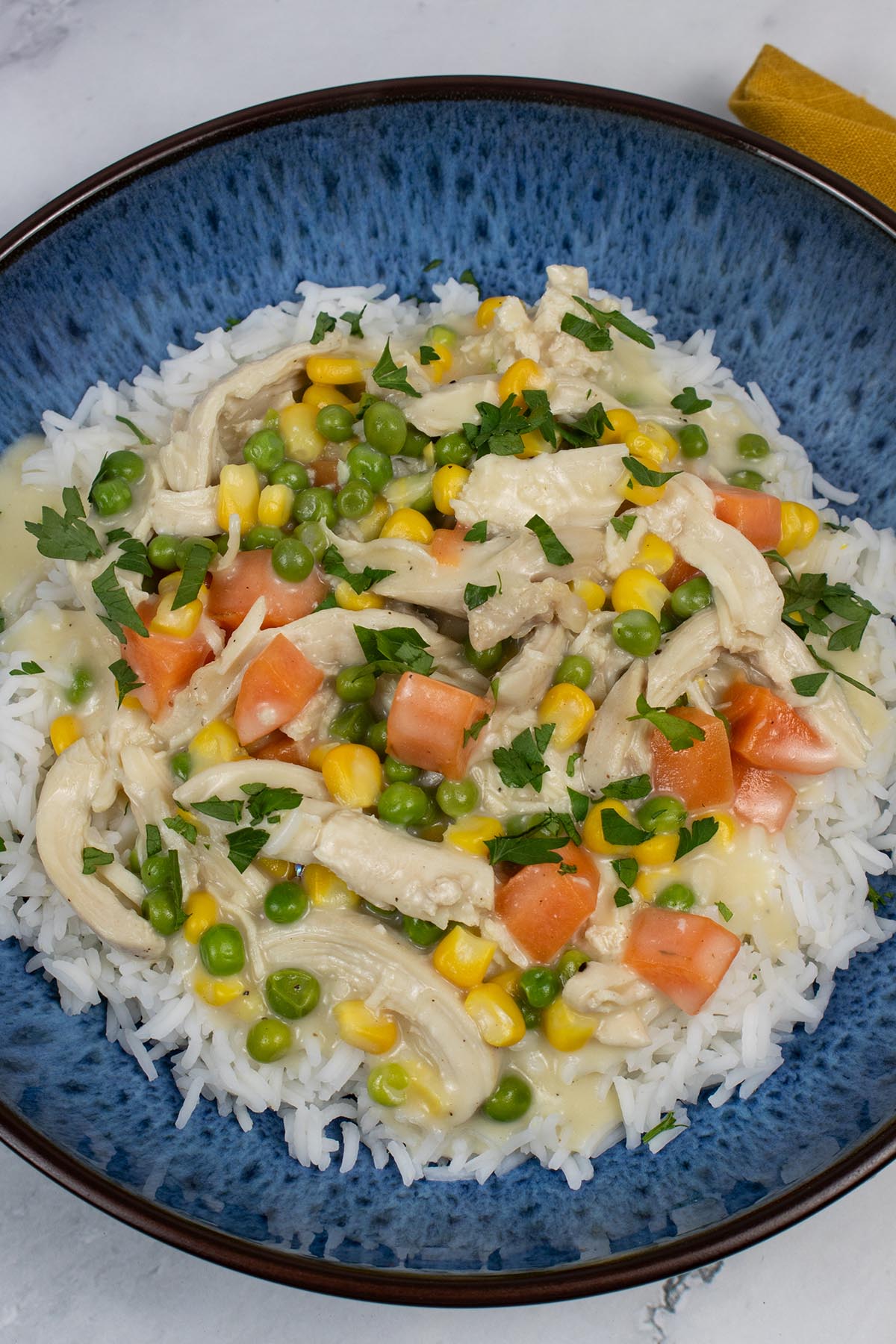Chicken fricassee with rice in a blue bowl, mustard napkin on the side