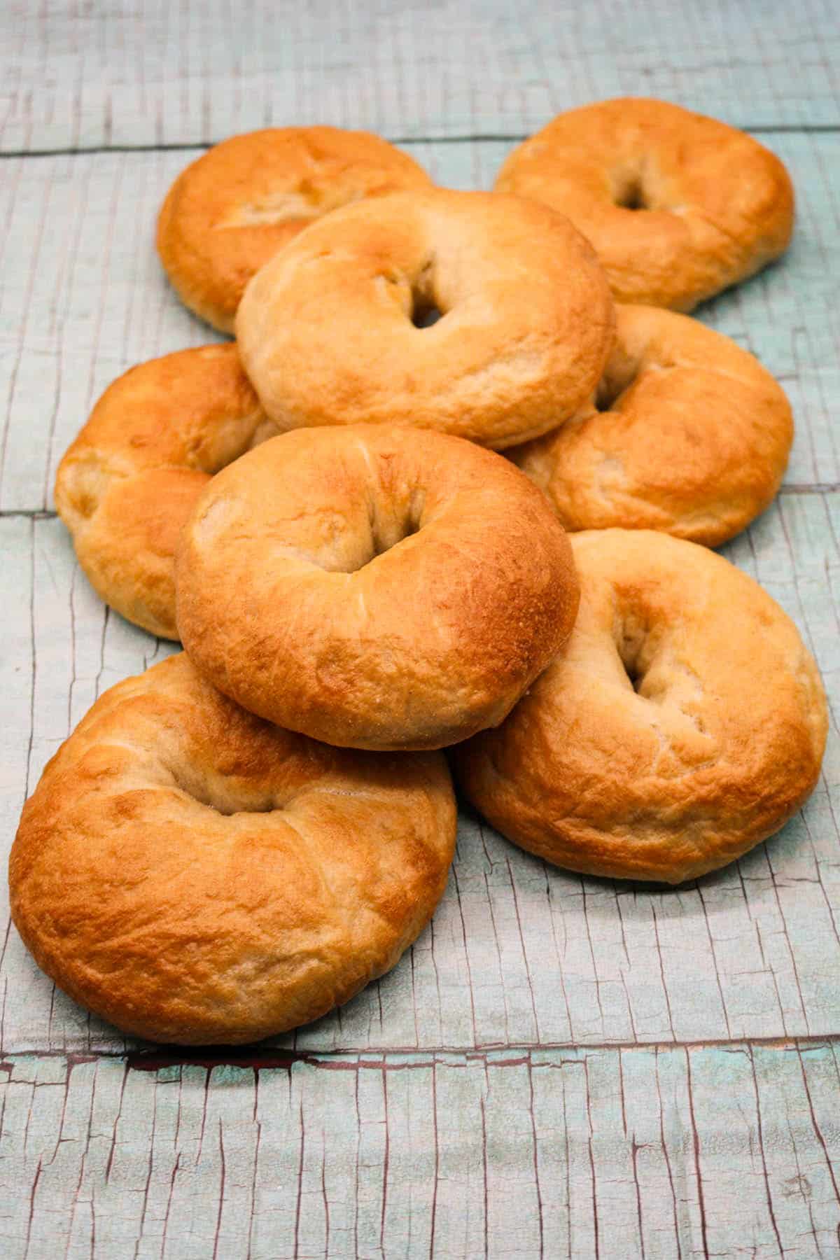 Eight bagels stacked