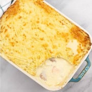 Fish pie in a rectangular ovenproof Staub dish.