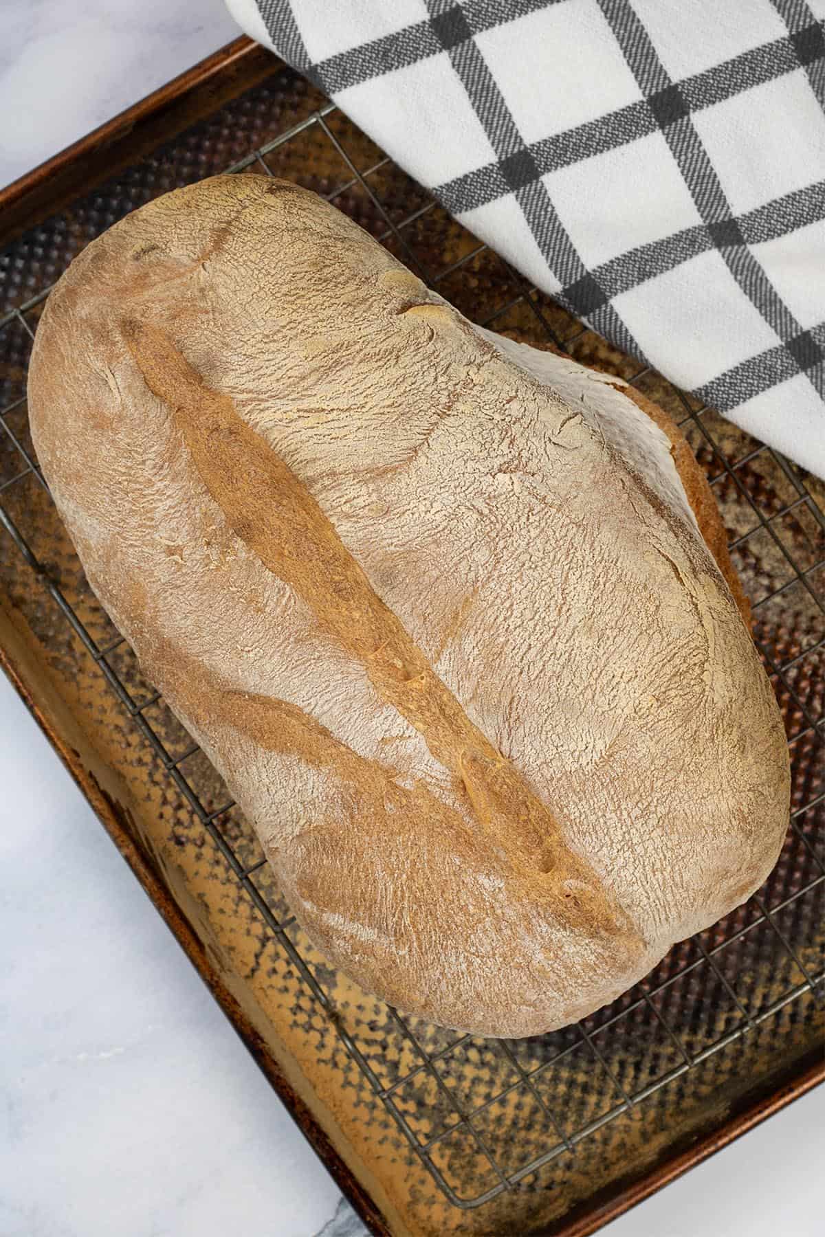 Portuguese water bread made in the Thermomix on a cooling rack and tray with a black and white checked towel on the side.